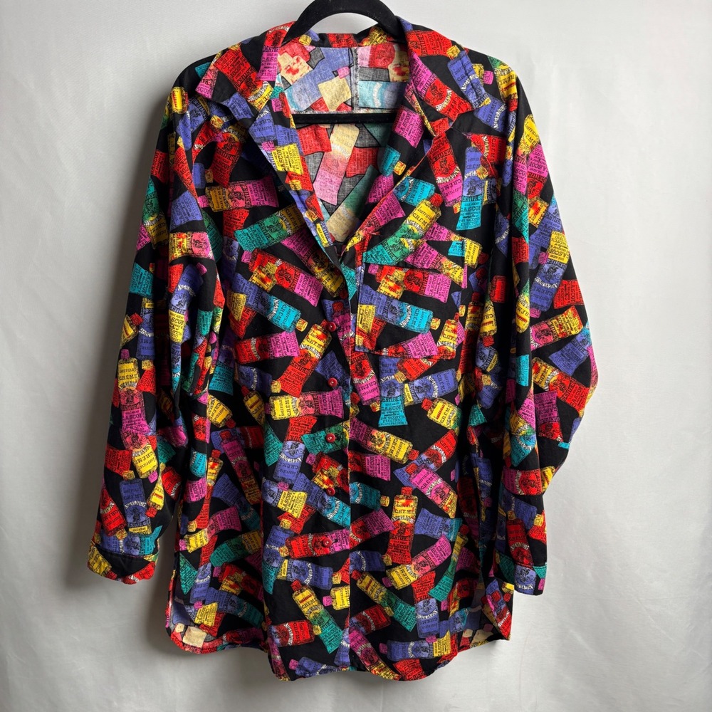 VTG Novelty Print Button Up Tunic Top Antique‎ Toothpaste Dentist Pop Art Retro